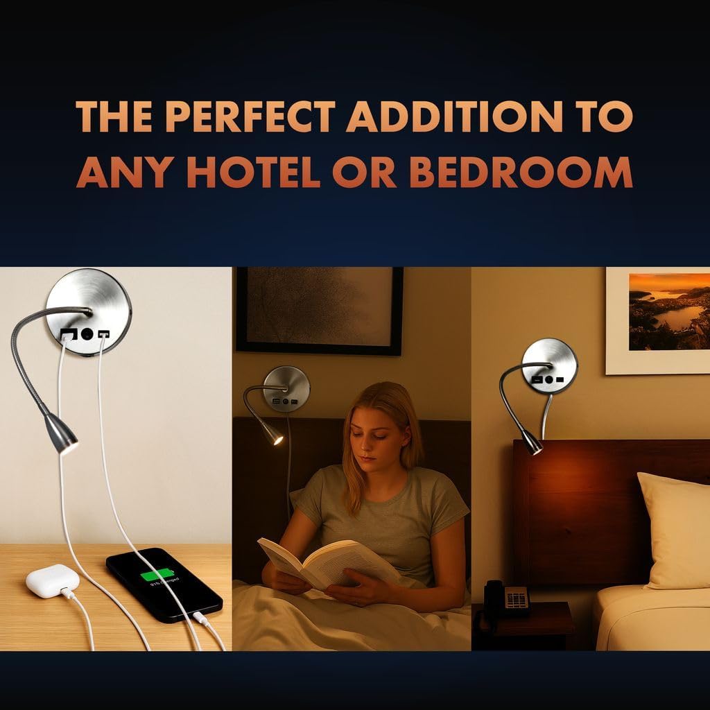 Newhouse Lighting 4.5 in. W x 15 in. H Selene Gooseneck Reading Light in Brushed Steel with USB-A and USB-C Charging Ports NHRL-SE-SLV, Bedside Lamp for Nightstands, Space-Saving Office Desk Accessory