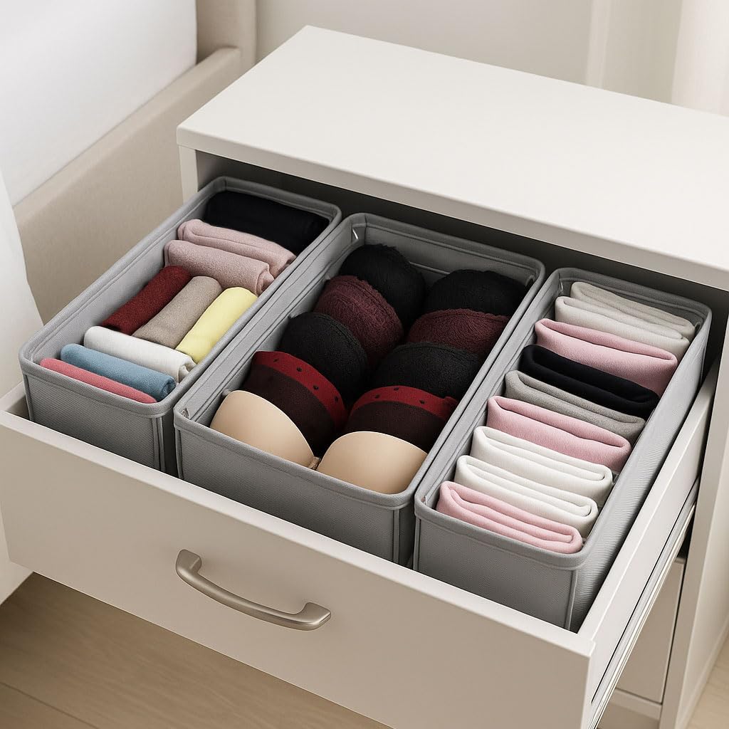 4-Pack Foldable Drawer Organizers with Metal Frame Support – Sturdy Fabric Storage Bins for Socks, Underwear, Baby Clothes & Belts, Closet Dividers (Grey) (11.8 x 5.9 x 4.21 inc)