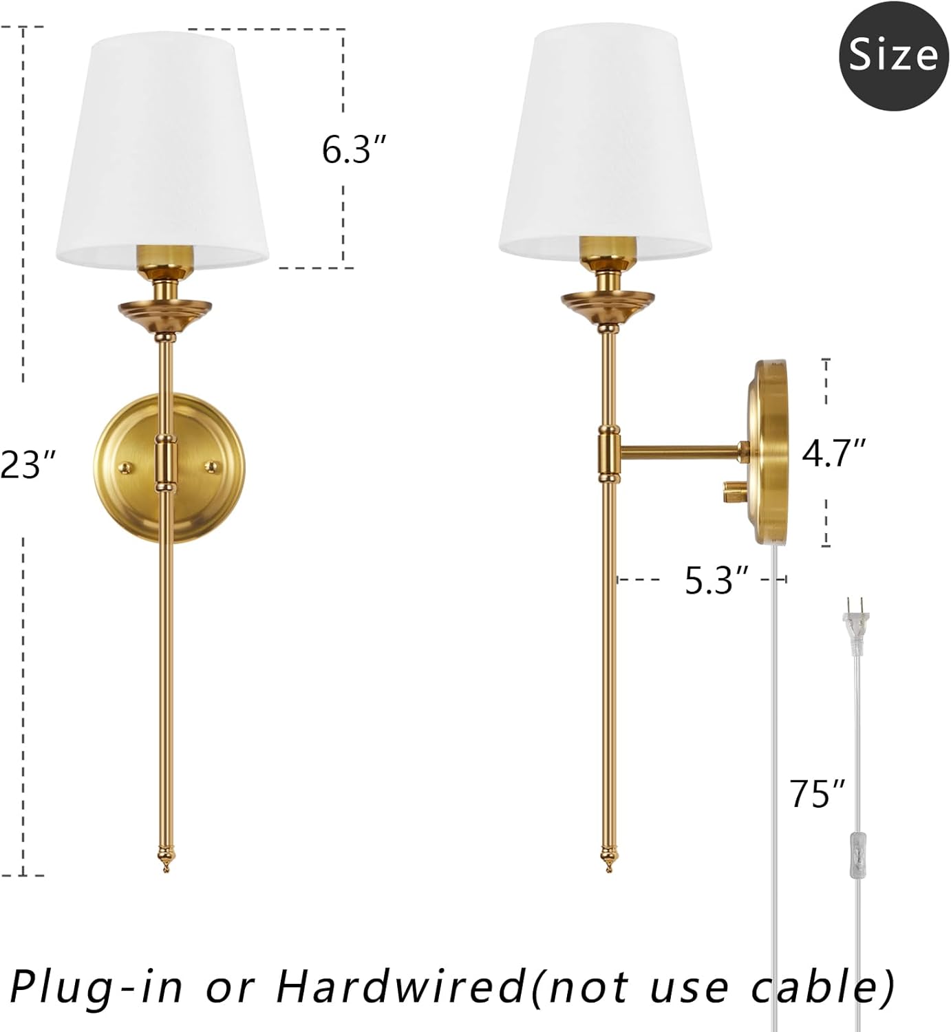 Dimmable Plug in Wall Sconces Set of 2, Gold Bedside Wall Lamp with Knob Dimmer Switch and 6.5FT Electric Cord, Mid Century Modern Bathroom Wall Light Fixture for Bedroom Living Room