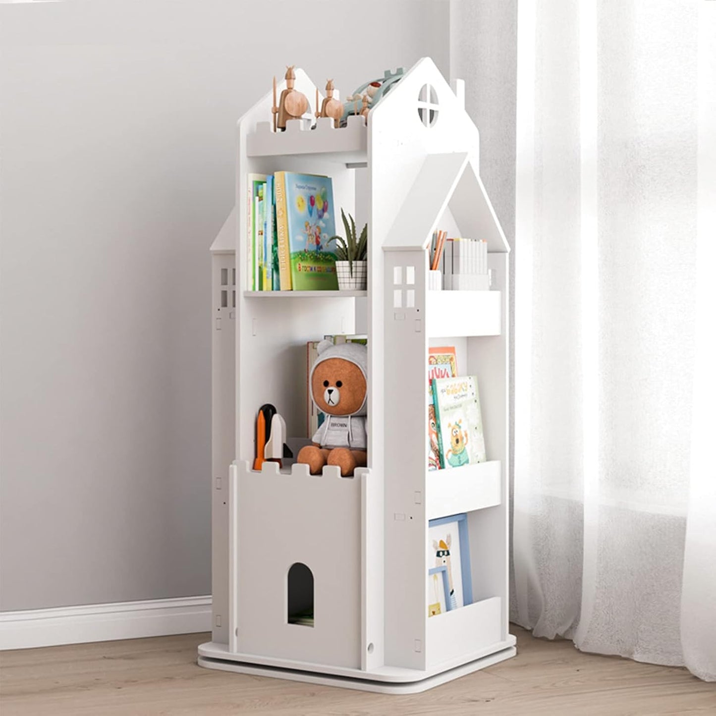 Revolving Bookcase,360° Children Bookshelf,Multi-Functional Floor Standing Book Storage Rack Organizer for Kids Room Bedroom-White 45x45x108cm(18x18x43inch) 68ps5-001