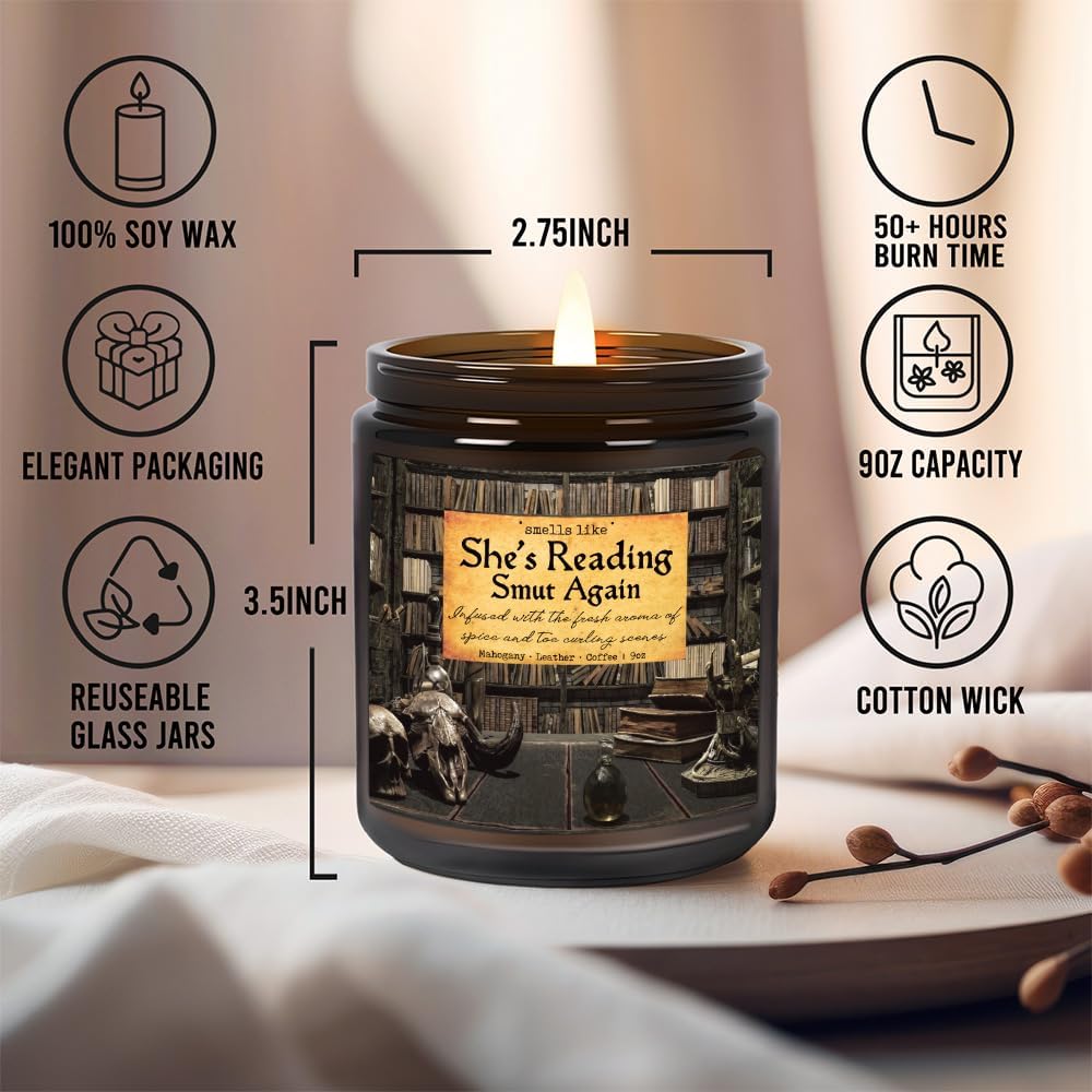 Book Lovers Gifts Smell Like She's Reading Smut Again Candle, Smutty Reading Gifts for Bookworm, Librarian, Funny Birthday Gift for Readers - Smut Candles, Mahogany Leather Coffee Scent Candle 9OZ