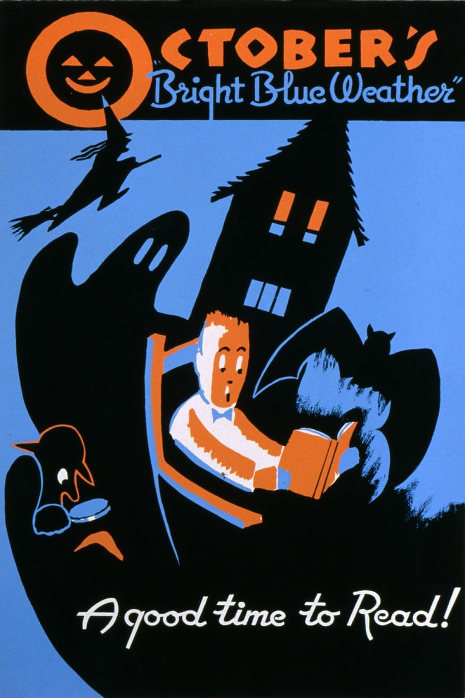 October's Bright Blue Weather A Good Time to Read Halloween Ghost Stories Boy Reading Vintage Poster Repro 20"X30" Image Size on Matte Paper Fine Art Print Poster Shipped Rolled-up