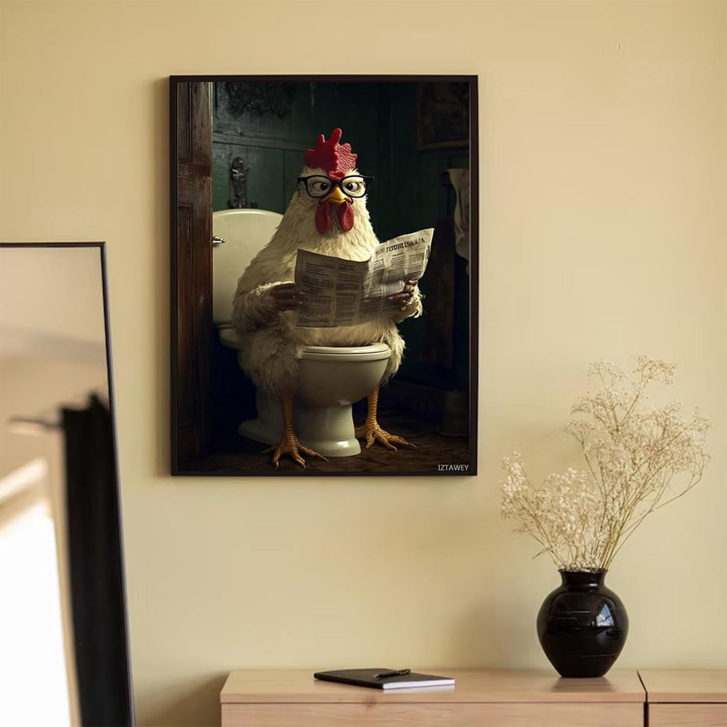 IZTAWEY Funny Chicken Reading Newspaper on Toilet, Canvas Wall Art Print, Cute Animals Picture Wall Decor for Home Bedroom Kitchen Living Room Bathroom Office Cafe 12x16inch No Frame