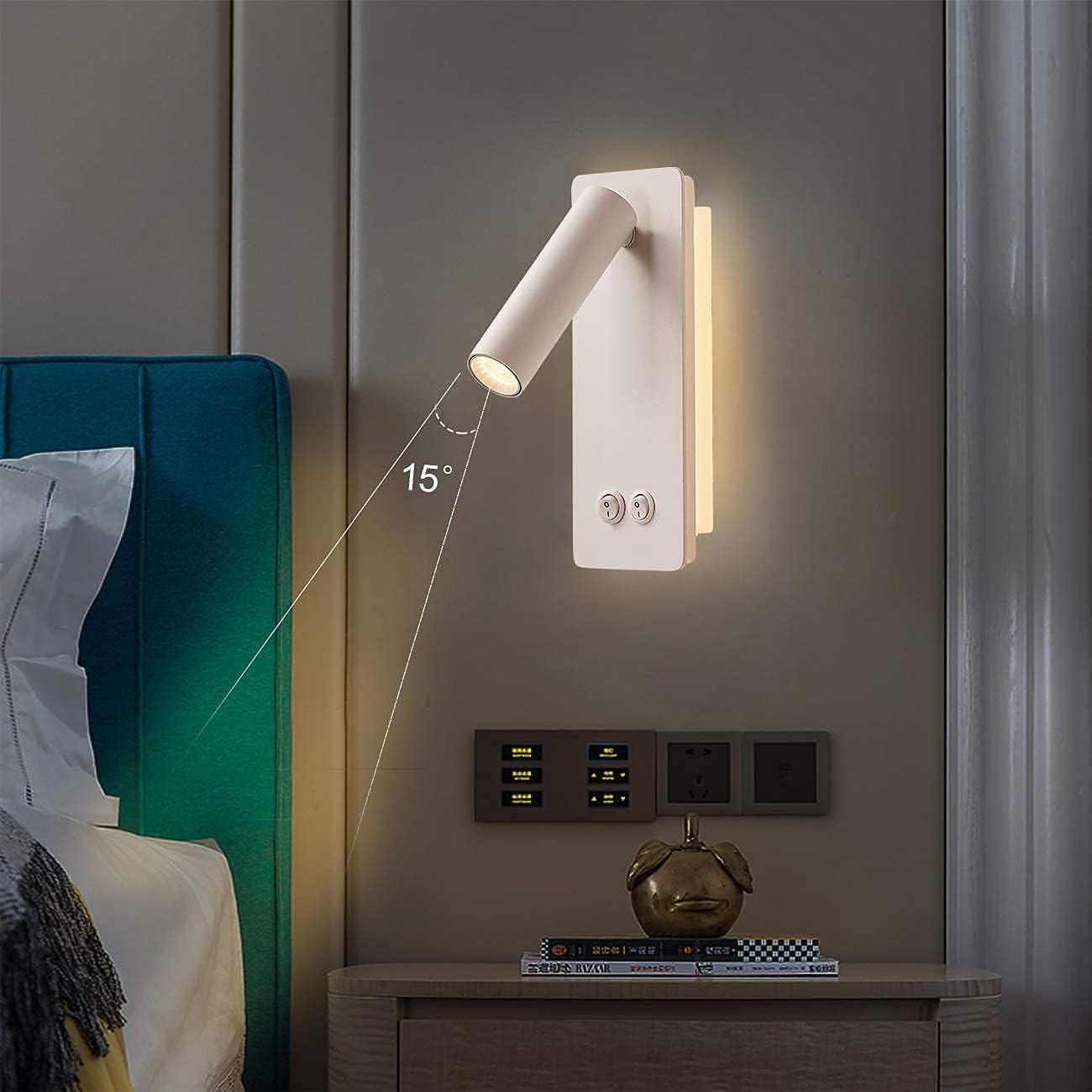 LED Wall Lamp Bedside Reading Light Plug-in 3W Headboard Wall Sconce Adjustable Wall Light with On-Off Switch Background Light 3000K(White)