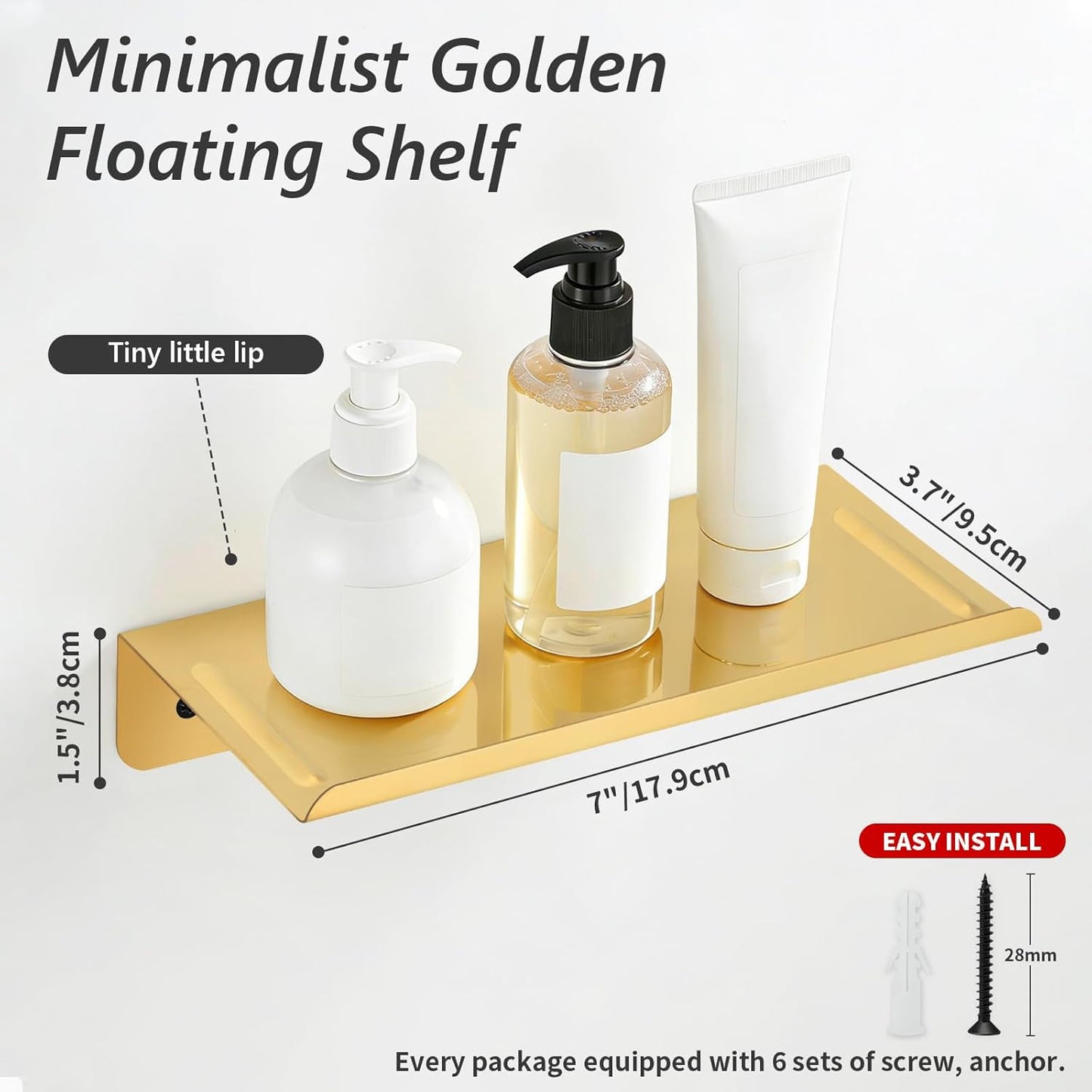 SMILECAT 7inch Small Floating Book Shelves for Wall Storage Set of 2.Wall Mounted Command Shelf for Bathroom,Bedroom,Living Room, Mini Tiny Display Hanging Shelves for Storage/Perfume/Room Decor.Gold