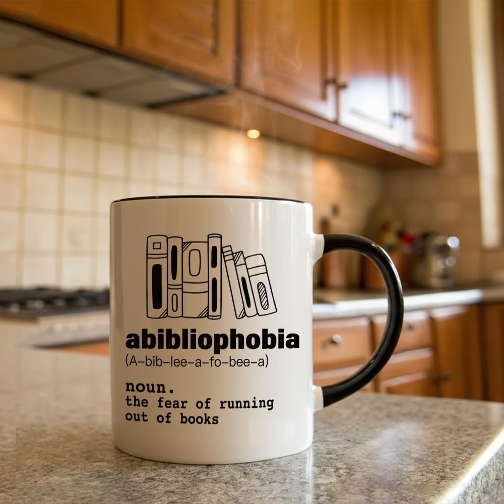 Funny Book Lover Gifts for Women Men Librarian Reader, Novelty Book Mug Gift for Bookworm Booknerd, Abibliophobia Definition Mug 11oz