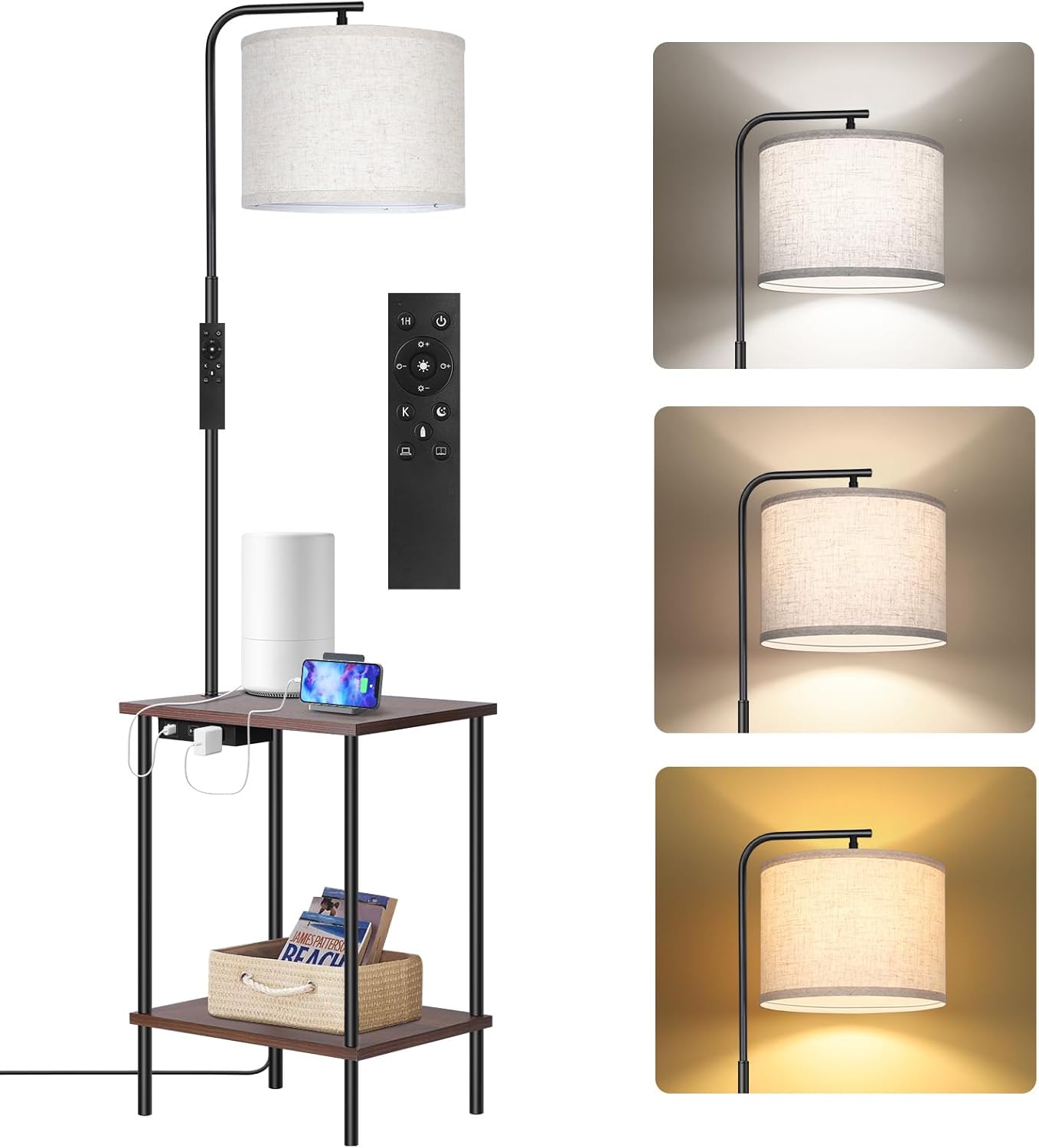 OUTON Floor Lamp with Table, End Table with Lamp Attached for Bedroom, Type C Charging Port, AC Outlet, Side Table with Lamp for Living Room, Nightstand with Remote Control, Dimmer & 4 Color