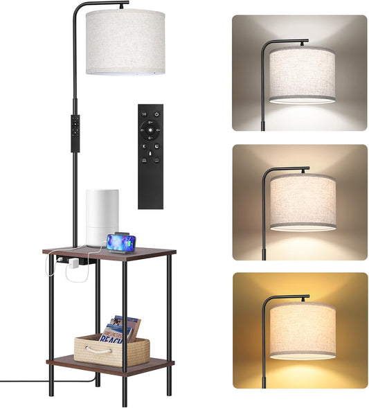 OUTON Floor Lamp with Table, End Table with Lamp Attached for Bedroom, Type C Charging Port, AC Outlet, Side Table with Lamp for Living Room, Nightstand with Remote Control, Dimmer & 4 Color