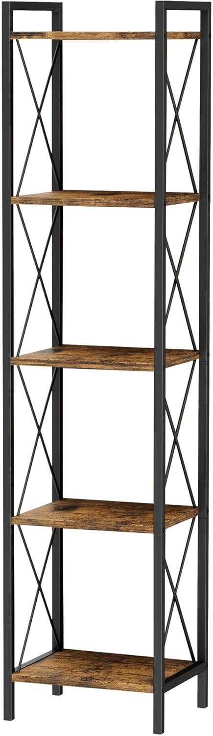 Homhedy 5 Tier Bookshelf, Tall Narrow Bookcase for Small Space, Metal Storage Book Shelf, for Home Office, Living Room, Kitchen, Bedroom, Industrial Style, 10.4" D x 13" W x 55.1" H, Rustic Brown