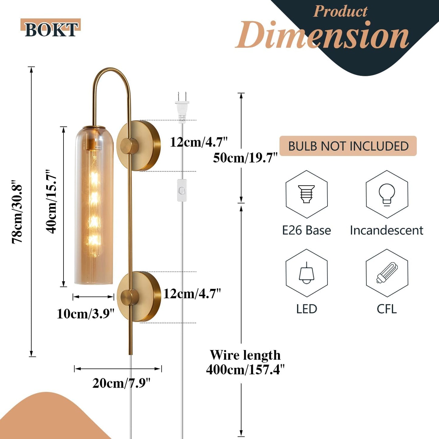 BOKT Modern 1-Light Amber Glass Wall Sconce Plug in Mid Century Brass Gold Wall Sconce Lighting Plug in Cord Industrial Vintage Indoor Long Bathroom Bar Wall Lamp (Amber)