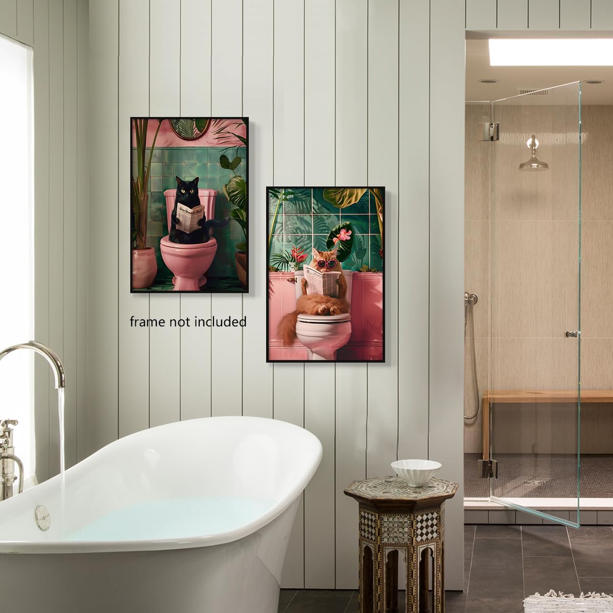 perasi Set of 2 Funny Bathroom Canvas Wall Art, Trendy Cat Reading on Pink Toilet Poster, Black Cat Read Newspaper Bathroom Pictures for Wall, Animal Green Botanical Restroom Print 8x12in Unframed