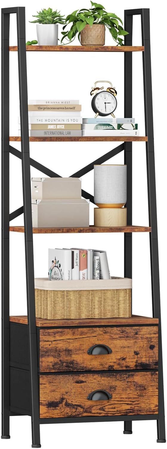 Furologee 4-Tier Ladder Shelf,Small Bookshelf with 2 Drawers,Vertical Bookcase Storage Rack Organizer,Rustic Bookshelves for Living Room,Bedroom,Bathroom,Home Office,Kitchen,Rustic Brown