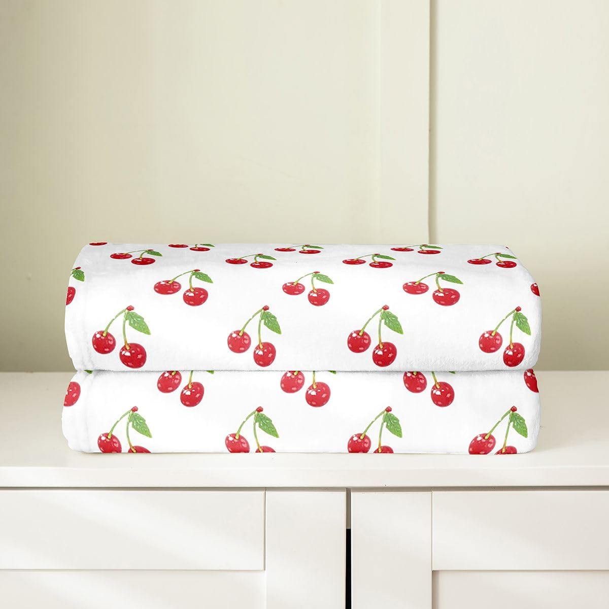 Cherry Flannel Fleece Throw Blanket, Cute Cherry All Season Bed Blanket Fresh Fruit Fuzzy Blanket for Boys Girls Women Men, Cartoon Cherry Bedroom Decor Plush Blanket Throw 50"x60"