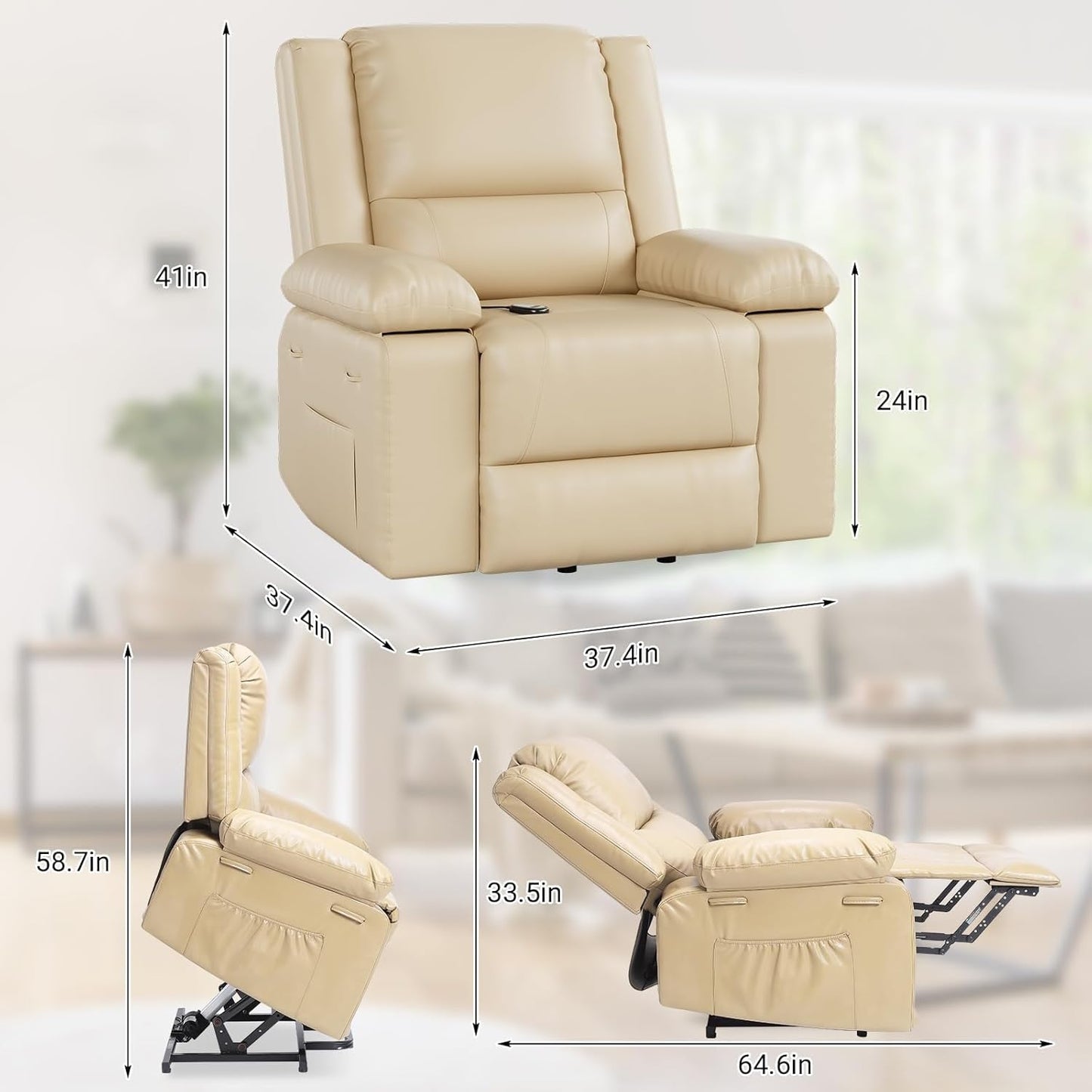 Power Lift Recliner Chair for Adults Adjustable Electric Reclining Sofa Lounge with Massage and Heat PU Leather Reclining Chairs with Side Pocket for Living Room Bedroom(Brown)