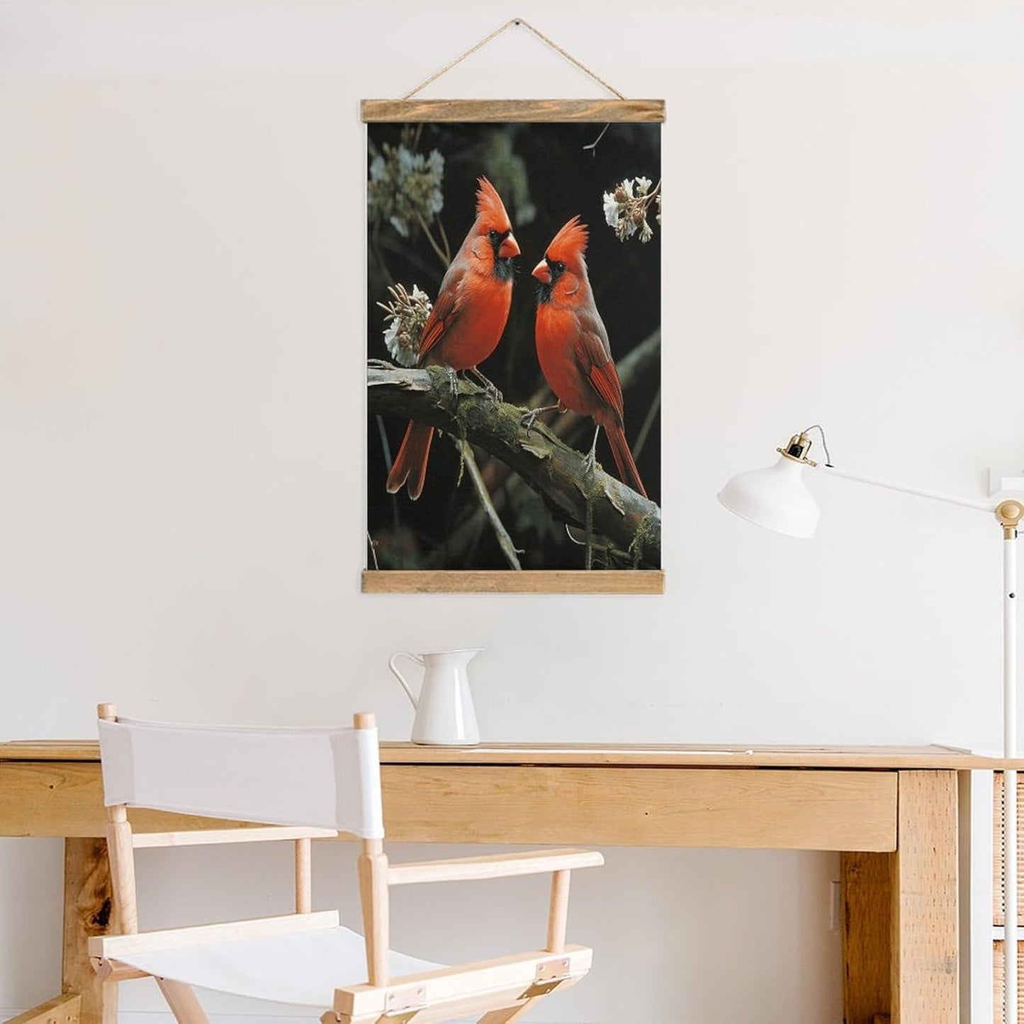 Vintage Cardinals Birds Fauna Wild Poster with Wooden Frame Personalized Linen Hanging Scroll Painting Rustic Wall Hanging Illustrative Modern Artwork Decor for Home Living Room Bedroom Office
