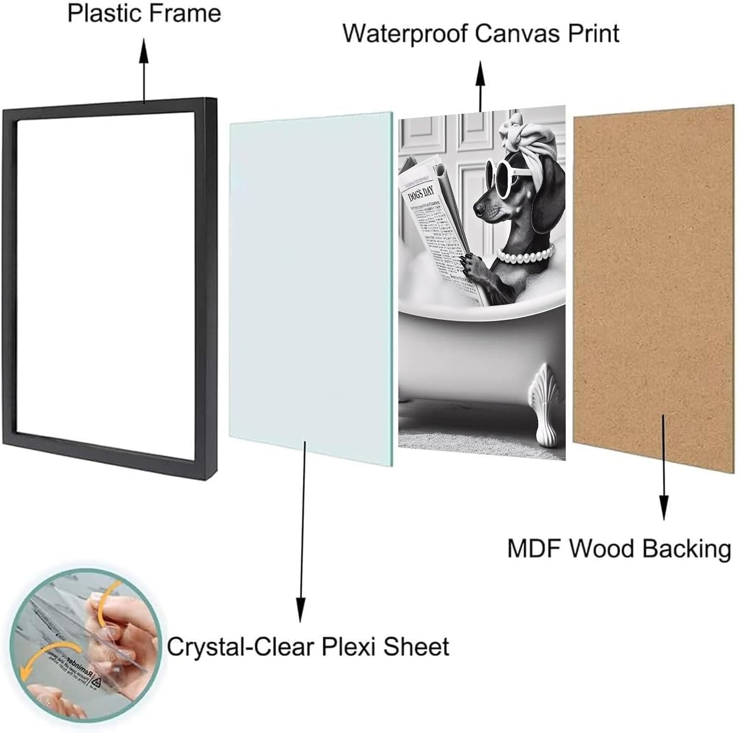 Framed Black and White Funny Cat and Dog Wall Art Set of 2 Canvas Prints, Vintage Animals Reading Newspaper Wall Decor, Humorous Pet Bathroom Decor Pictures with Wood Frame Acrylic Front for Bathroom Decor 12x16IN