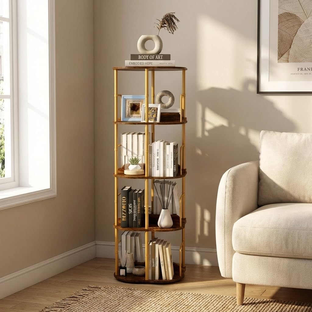 4 Tier Round Shelf, Industrial Freestanding Bookcase with Metal Frame, Rustic Wood Display Storage Rack for Living Room, Bedroom, Office & Small Spaces