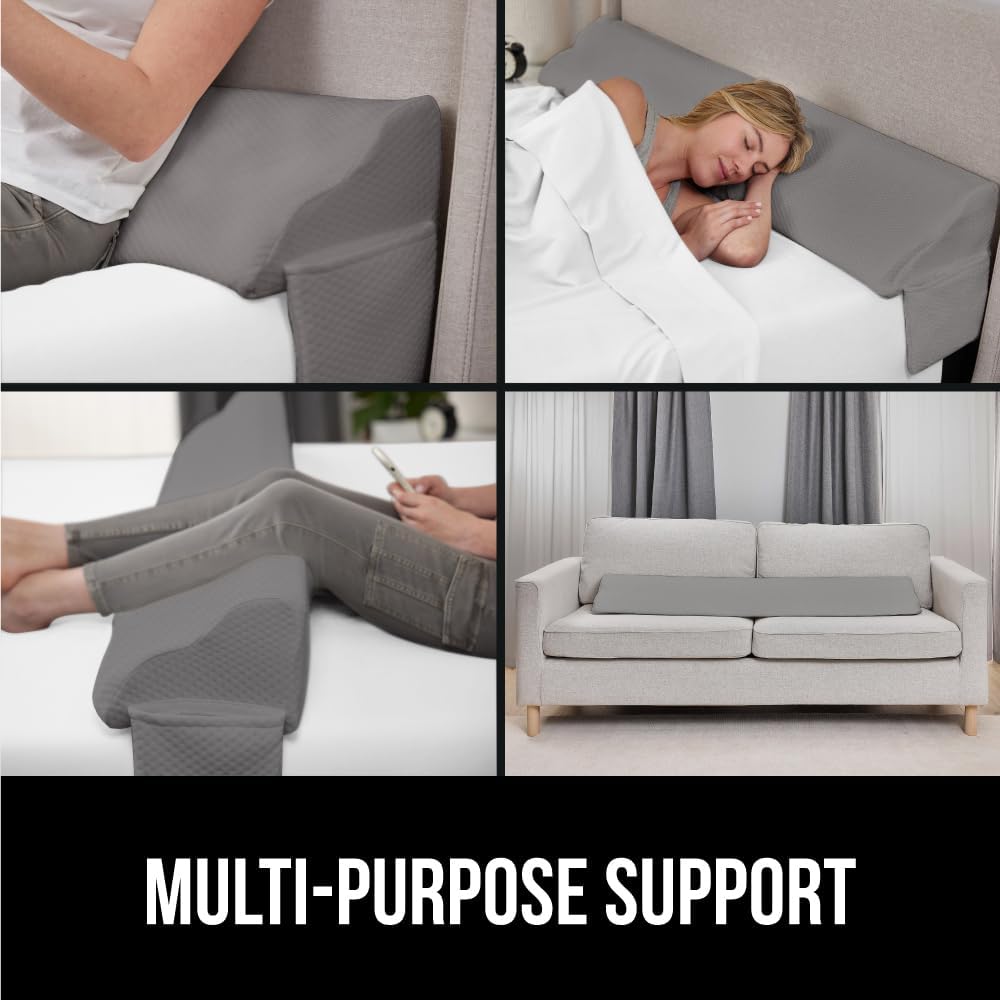 GORILLA GRIP Patented Bed Wedge Pillow for Headboard Gap, Filler Between Mattress Gaps, Comfortable Supportive High Density Cushioned Foam Pillows, Stay in Place Gripping Dots, Full Size Soft Gray
