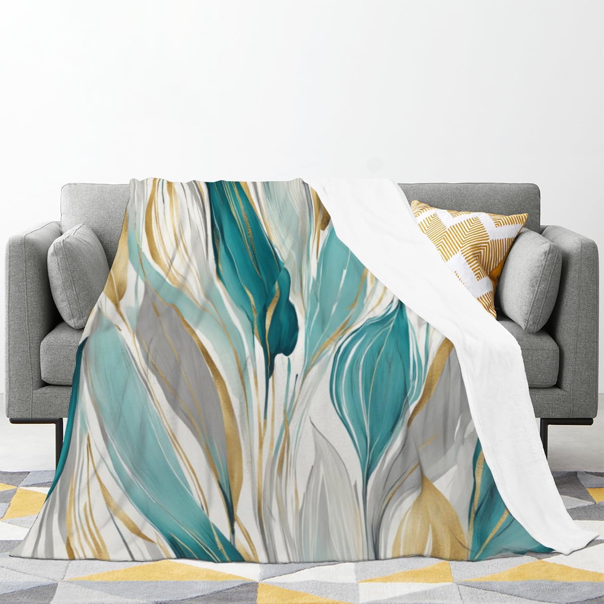 Soft Throw Blanket Watercolor Paint Strokes Pattern Abstract Gold Beige Teal Blue Grey Print Design Lightweight Blanket for Beds, Sofas & Couches - All Seasons Home Décor