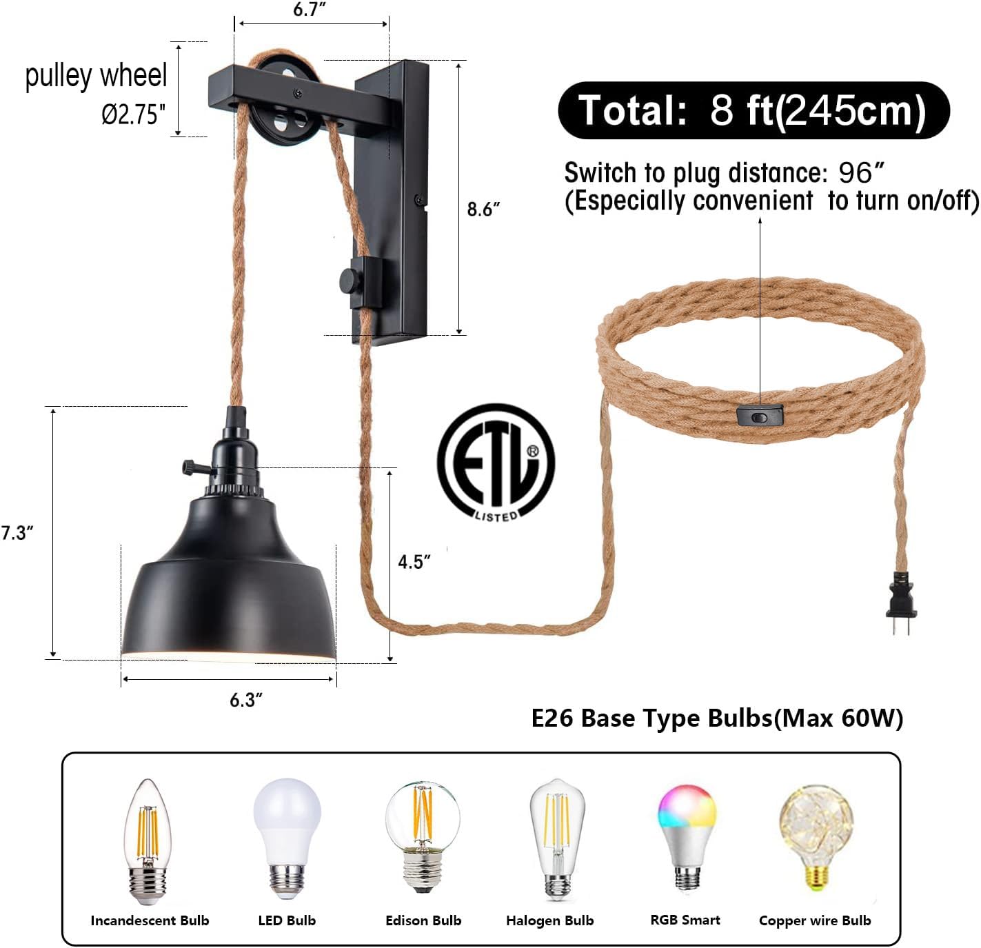 8FT Plug in Wall Sconces Pulley Wall Lamps Vintage Hanging Light Fixture Wall Lights with Plug in Cord On/Off Switch Set of Two Black Wall Lamp for Bedroom, Living Room and Hotel