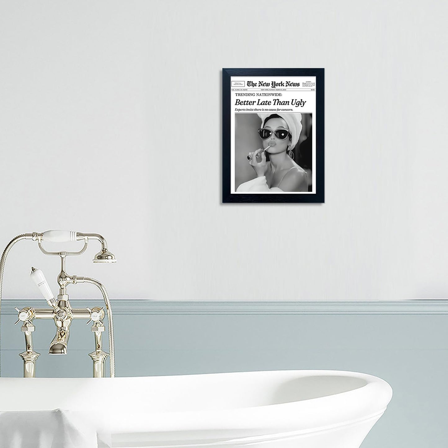 Trends Wall Art New York Poster Audrey Hepburn Wall Art Newspaper Better Late Than Ugly Poster Framed Black and White Retro Aesthetic Canvas Prints Feminist Girl Dorm Room Decor