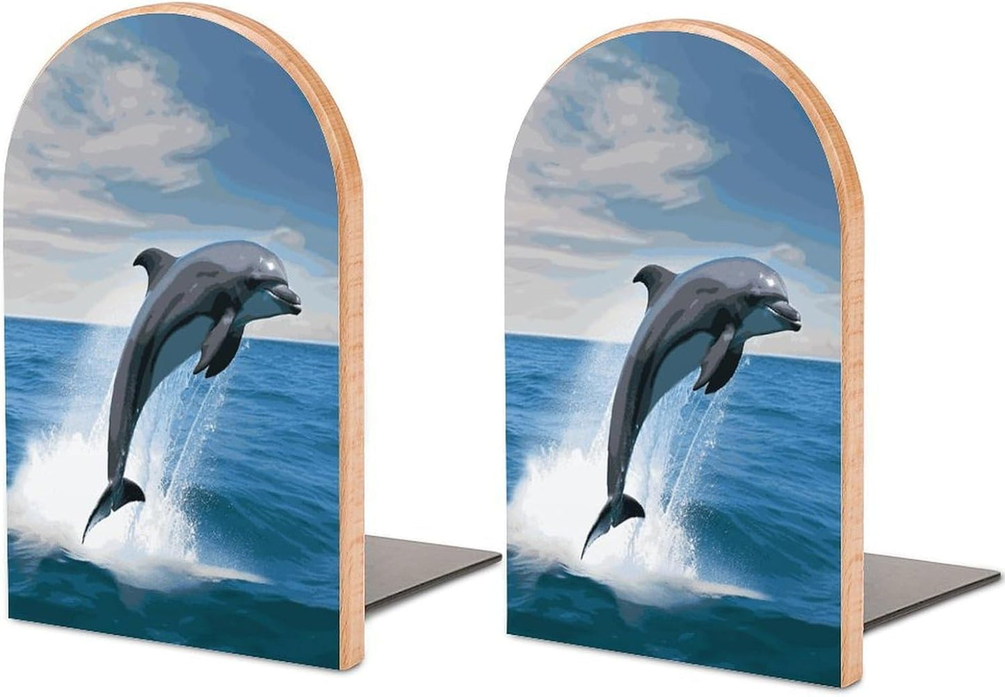 Jumping Up Dolphins Bookends 1 Pair Heavy Duty Book Ends for Shelves Non-Skid Bookend Supports Wooden Book Holders with Metal Base Desk Organizers Books Storage to Hold Books