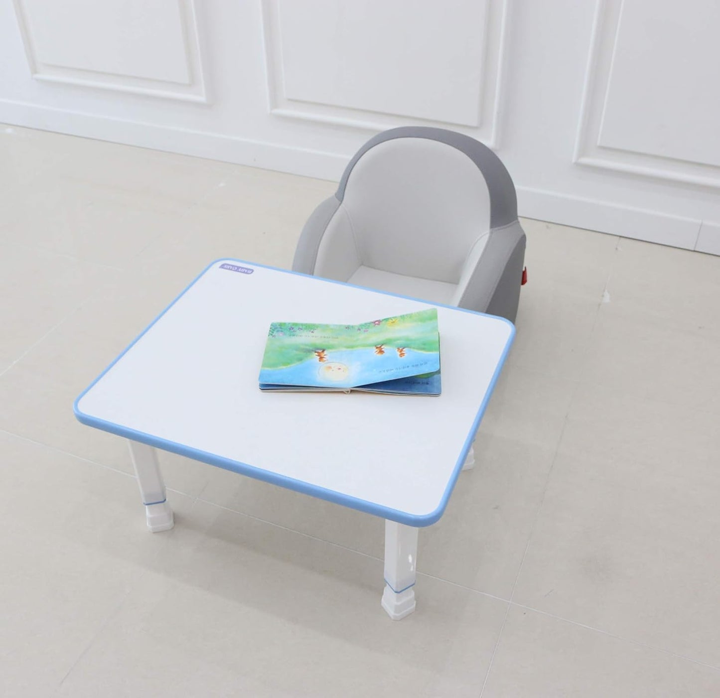 Kids Folding Floor Table — Adjustable Heights, for Play / Reading / Snack Time, White/Blue