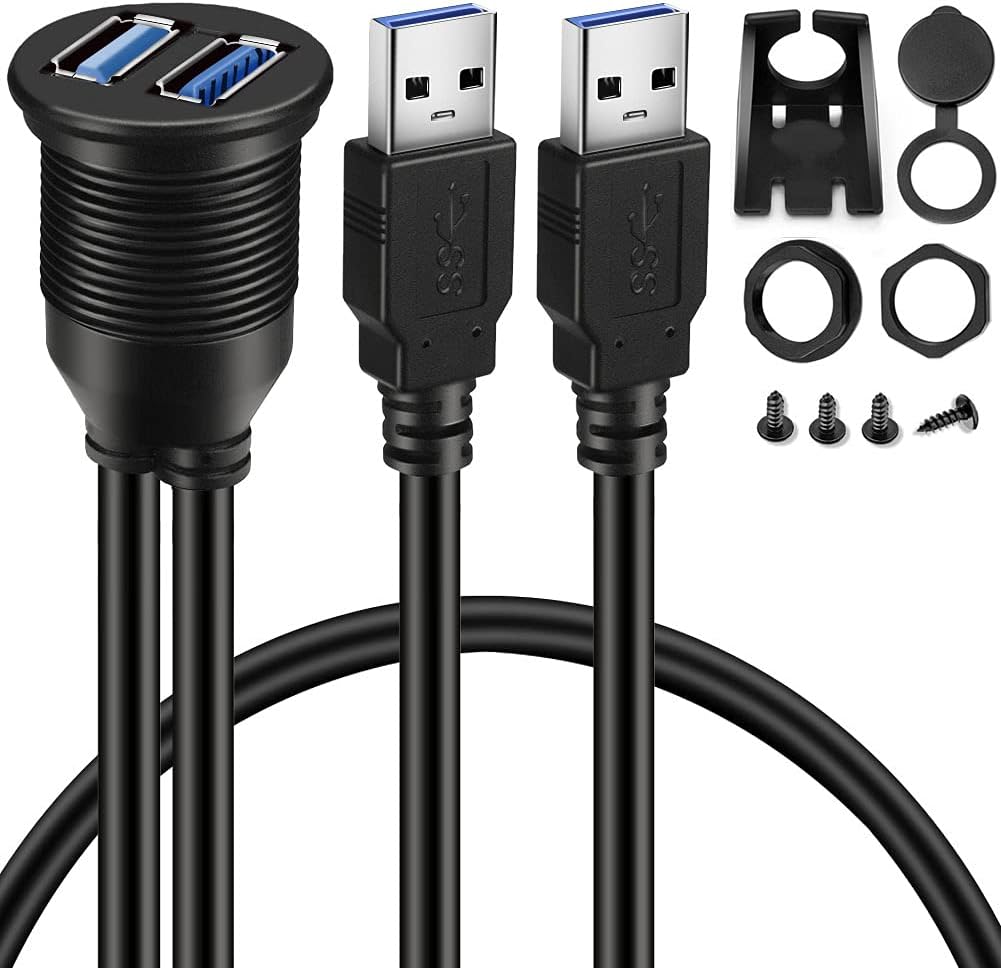 BATIGE 2 Ports Dual USB 3.0 Male to USB 3.0 Female AUX Flush Mount Car Mount Extension Cable for Car Truck Boat Motorcycle Dashboard Panel -3ft