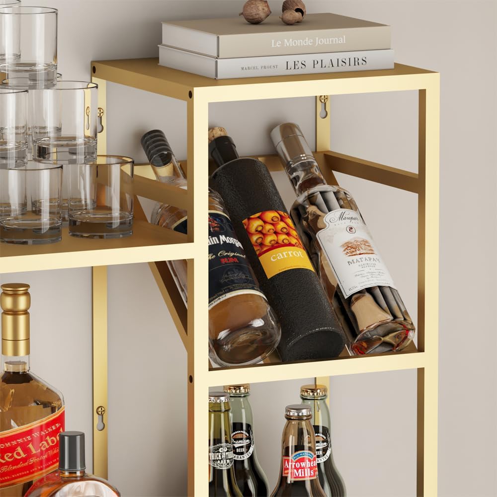 Metal Floating Bar Liquor Shelves 2 Tier, Wall Mounted Wine Rack with Glass Holder Storage, Wall Bar Shelf Wine Display Storage Holder for Kitchen Dining Room Bar (Gold)