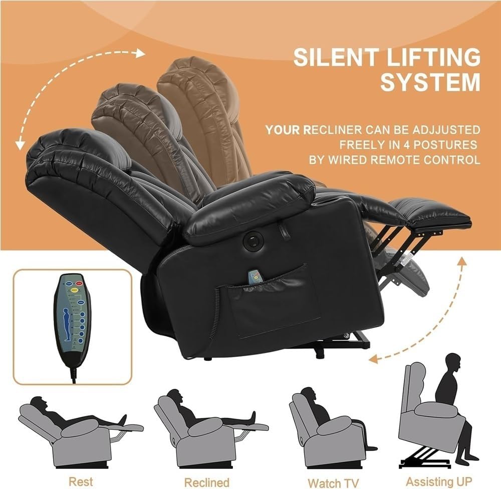 Power Lift Recliner with Massage Heat and USB Ports Electric Stand Assist Chair for Elderly Adults Breathable Leather Sofa Comfortable Lounger with Cup Holders