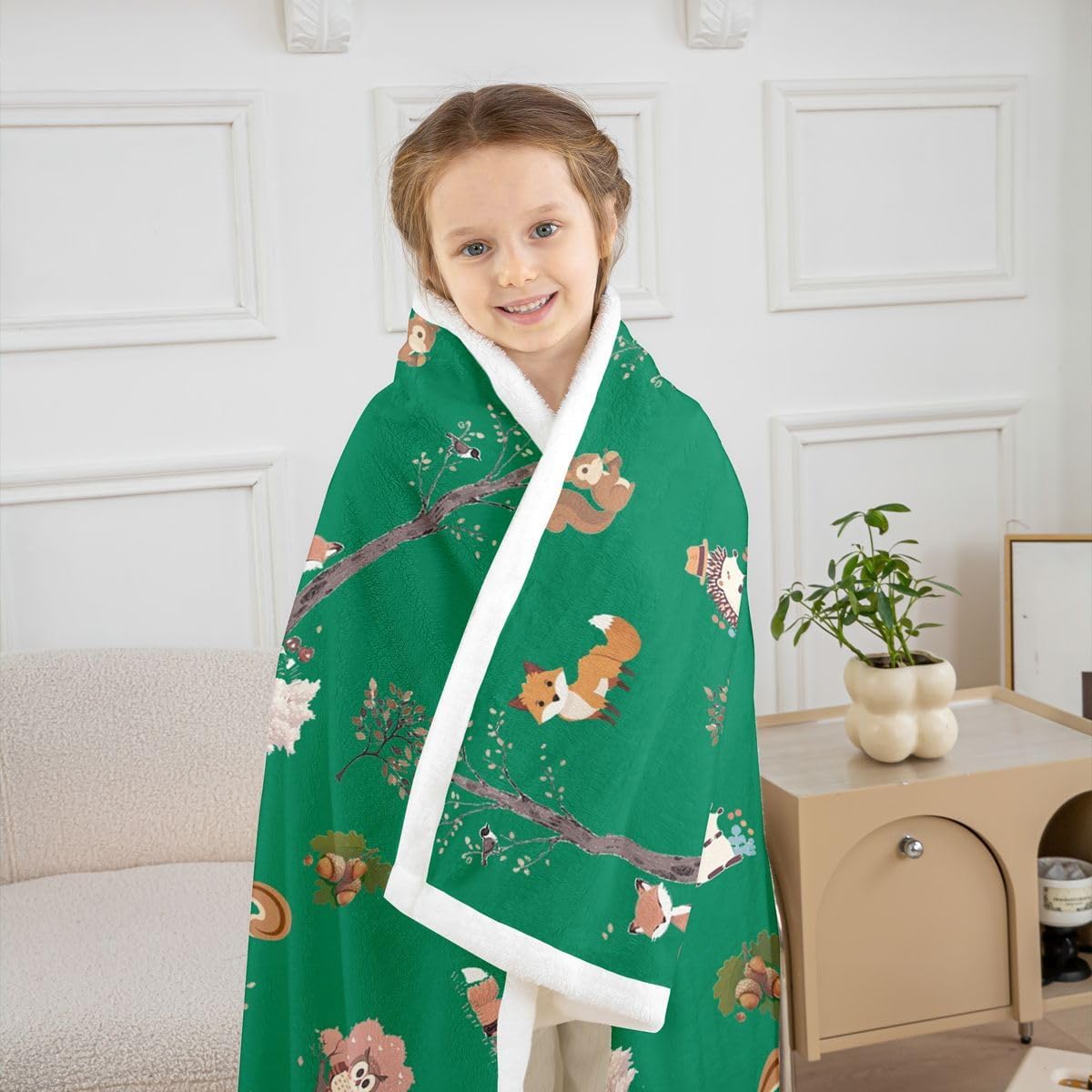 Feelyou Woodland Forest Animals Sherpa Throw Blanket for Couch Green Cartoon Animal Super Soft Cozy Fleece Forest Theme Blanket for Winter, Plush Throw Baby 30"x40" All Season