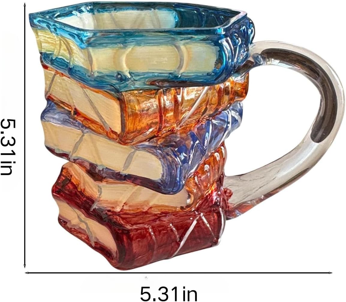 Painted Book Mug for Women Book Lovers - Heat-Resistant Borosilicate Glass Coffee Tumbler with Hand-Painted Design, 11oz Cool Funny Bookish Cup (1+spoon)