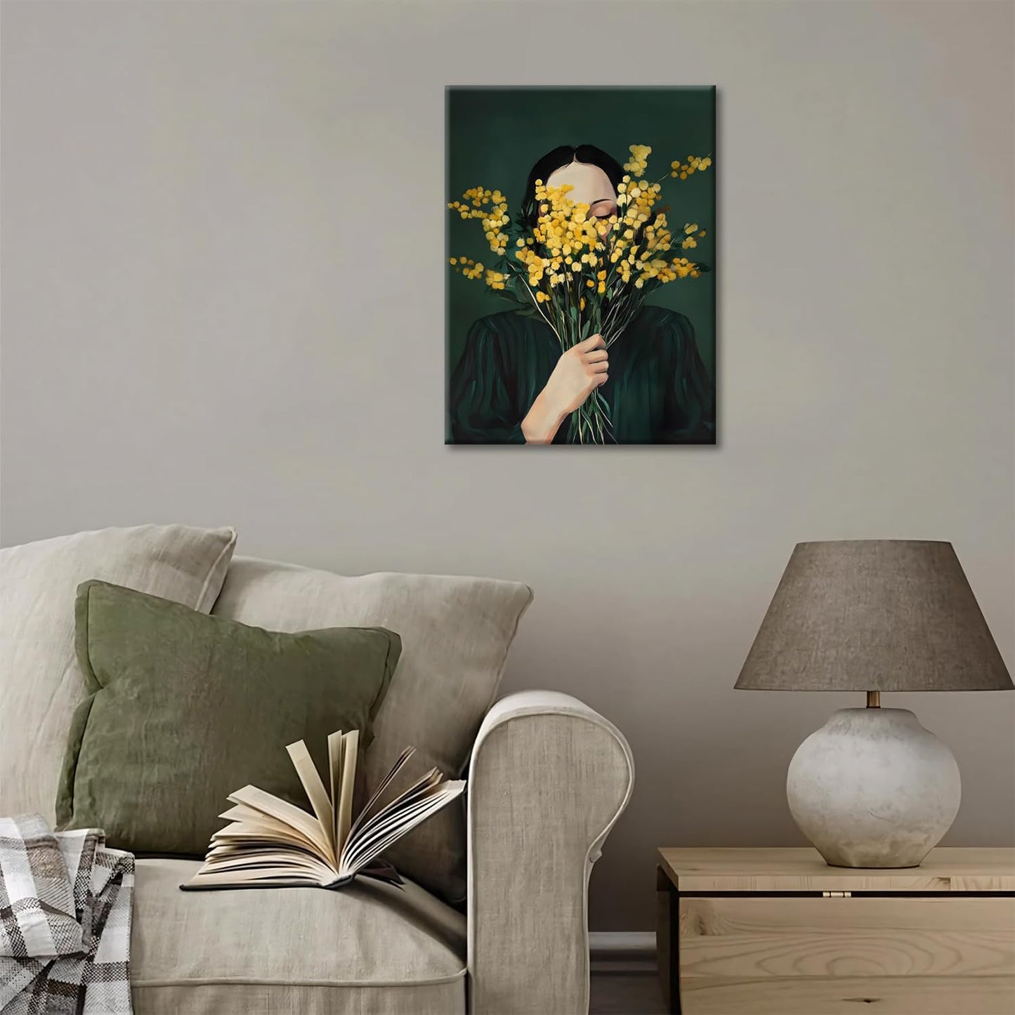 Green Abstract Woman Wall Art, Minimalist Figurative Oil Painting of Woman Holding Yellow Mimosa Flowers, Modern Boho Neutral Canvas Print for Living Room Bedroom Decor Framed 12x16in