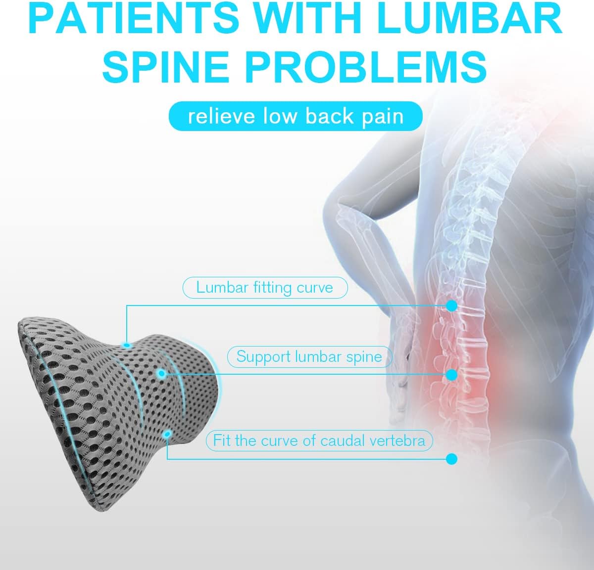 Lumbar Support Pillow for Office Chair, Memory Foam Lumbar Pillow for Lower Back Pain Relief (Grey)