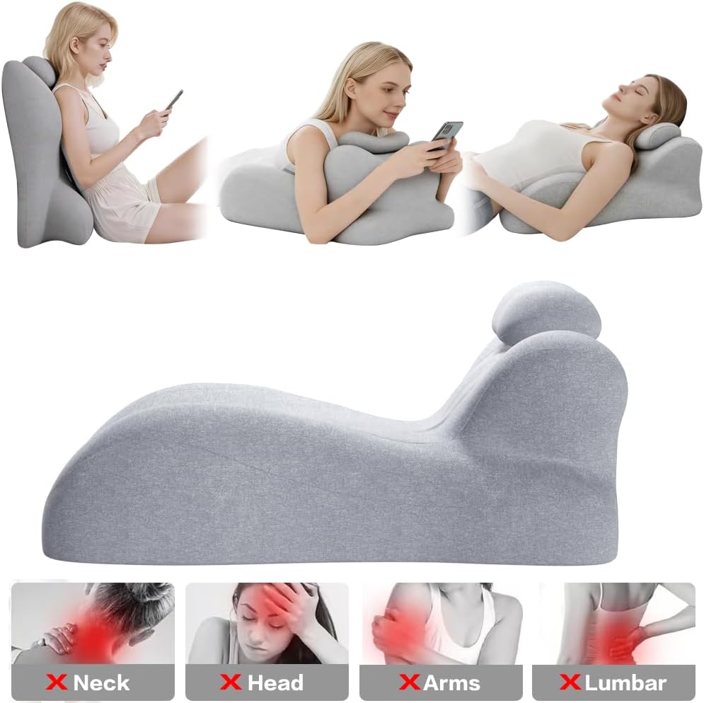 Memory Foam Ergonomic Rest Pillow - Prone Pillow for Sleeping, Targeted Support for Back Pain, Acid Reflux and Sitting Up, Ideal for Massage, with Washable Cover (Light Grey)