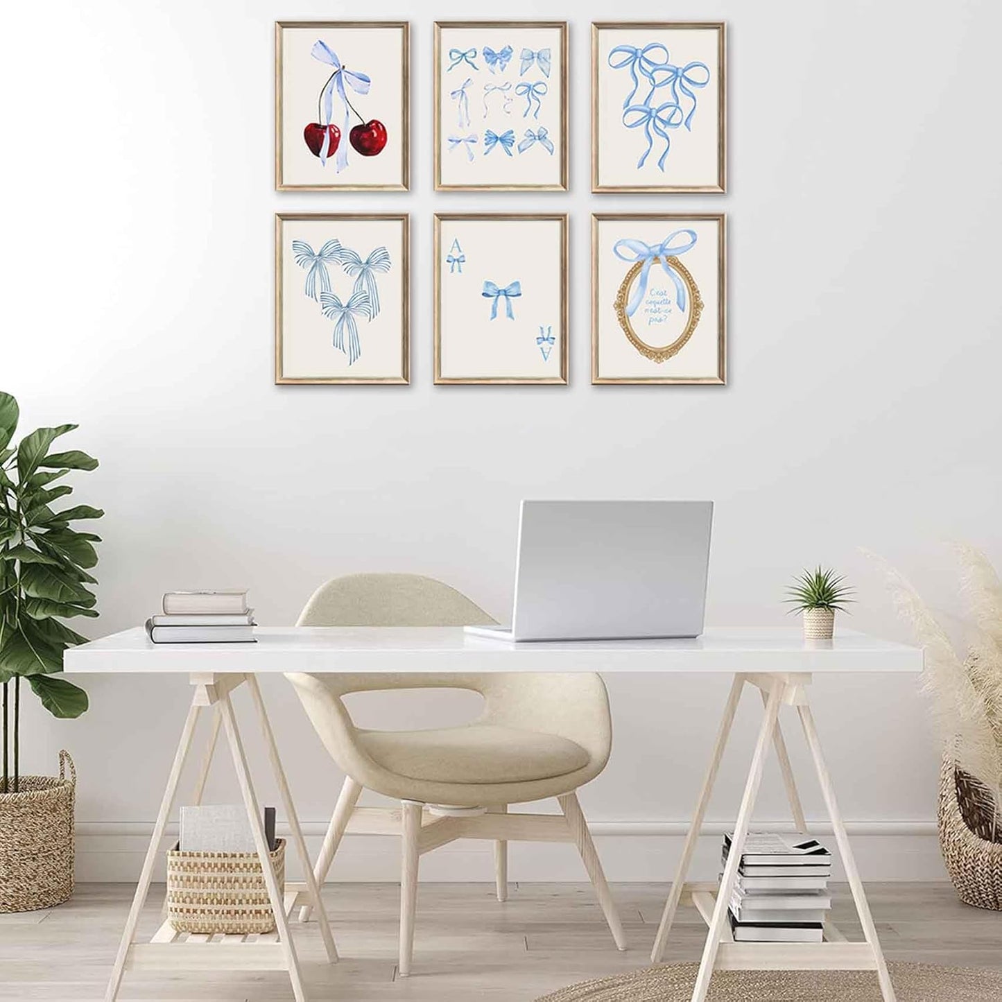 6pcs Blue Bow Canvas Wall Art Preppy Coquettish Aesthetic Room Wall Decor Tredy Red Cherry Poster Prints for Girls Room College Apartment Bedroom Living Room Unframed