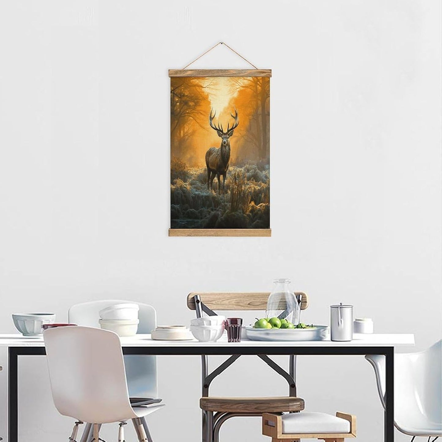 Vintage Deer in Forest Poster with Wooden Frame Personalized Linen Hanging Scroll Painting Rustic Wall Hanging Illustrative Modern Artwork Decor for Home Living Room Bedroom Office
