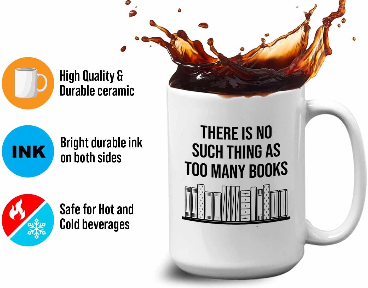 Bubble Hugs Writer Coffee Mug 15oz White - there is no such thing as too many books - Reading Book Lover for Bookworm Bibliophile Librarians Author Readers Bookish