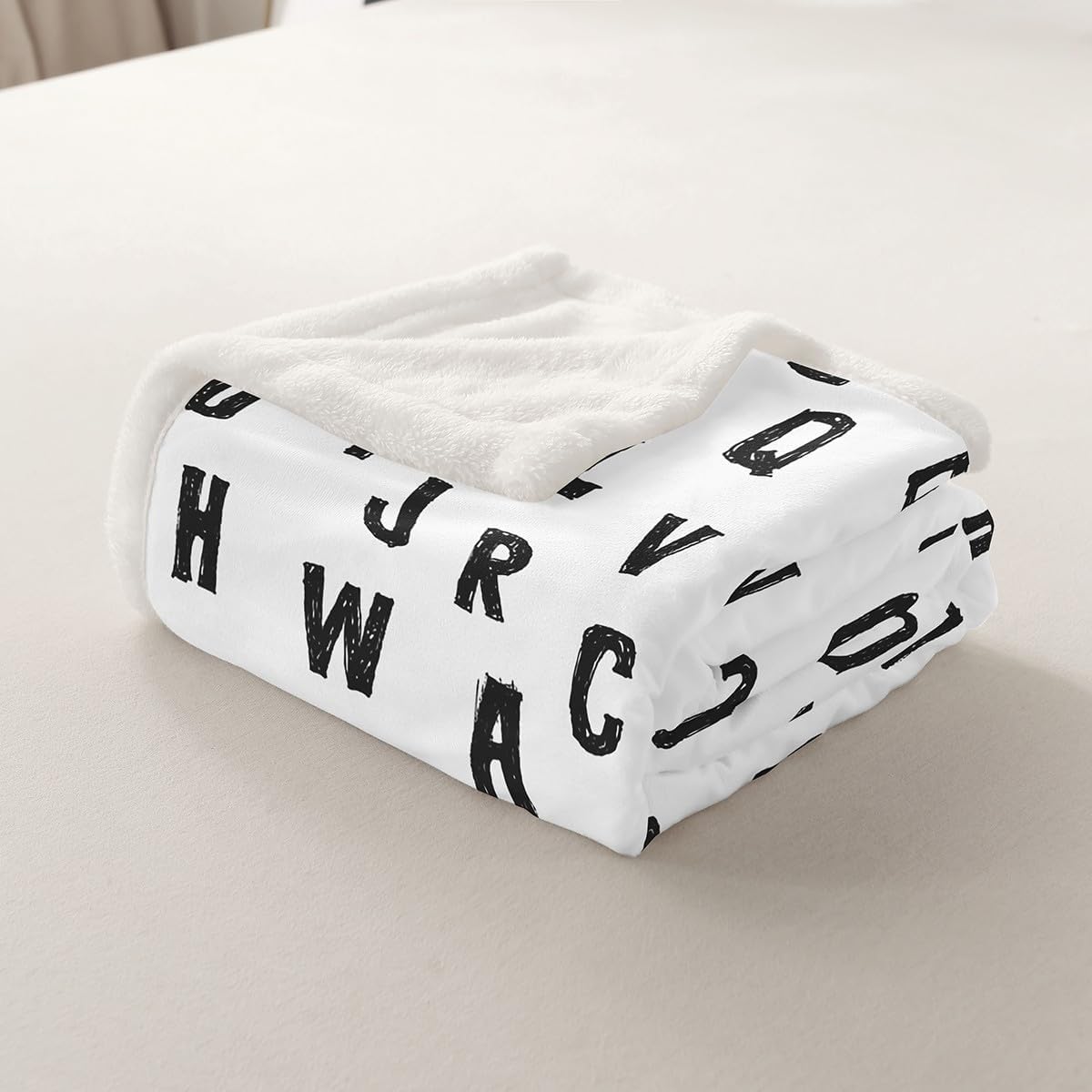 Castle Fairy Black Alphabet Kids Flannel Blanket,Cute English Letters Pattern Fuzzy Blanket for Children,Modern Simple Style White Polyester Throw Blanket for Couch, Twin Size (60 x 80 Inch)