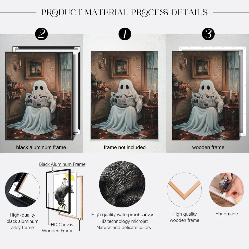 Dark Academia Halloween Ghost Canvas Wall Art Painting Vintage Spooky Ghost Reading Newspaper on Toilet Halloween Pictures Poster for Aesthetic Bathroom Room Wall Decor 08x10inch Unframed