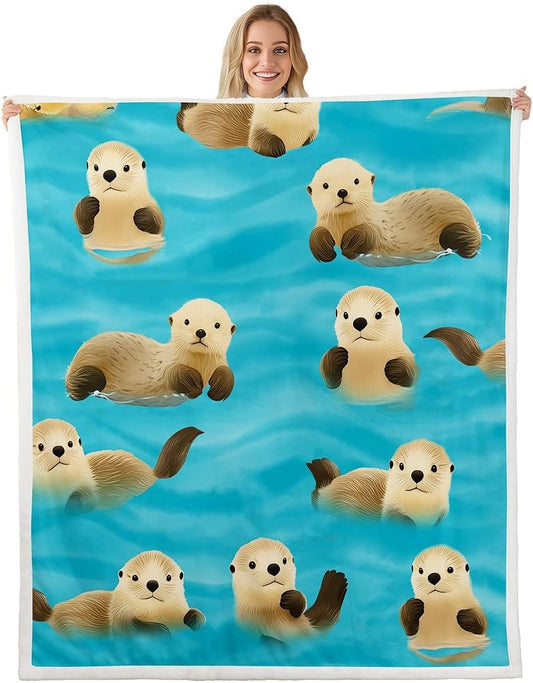 Feelyou Kids Fleece Blanket Cute Cartoon Otter Plush Blanket for Sofa Bed Couch Kawaii Zoo Animal Sherpa Throw Blanket Wildlife Otters Fuzzy Blanket Room Decor Throw 50"x60"