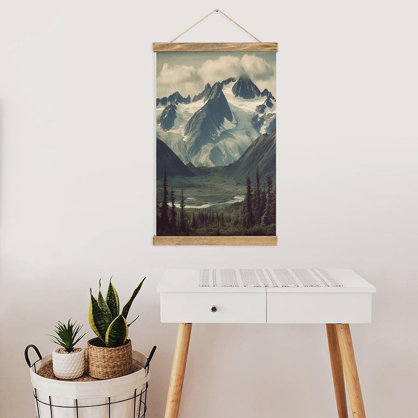 Vintage Alaska Mountains Poster with Wooden Frame Personalized Linen Hanging Scroll Painting Rustic Wall Hanging Illustrative Modern Artwork Decor for Home Living Room Bedroom Office