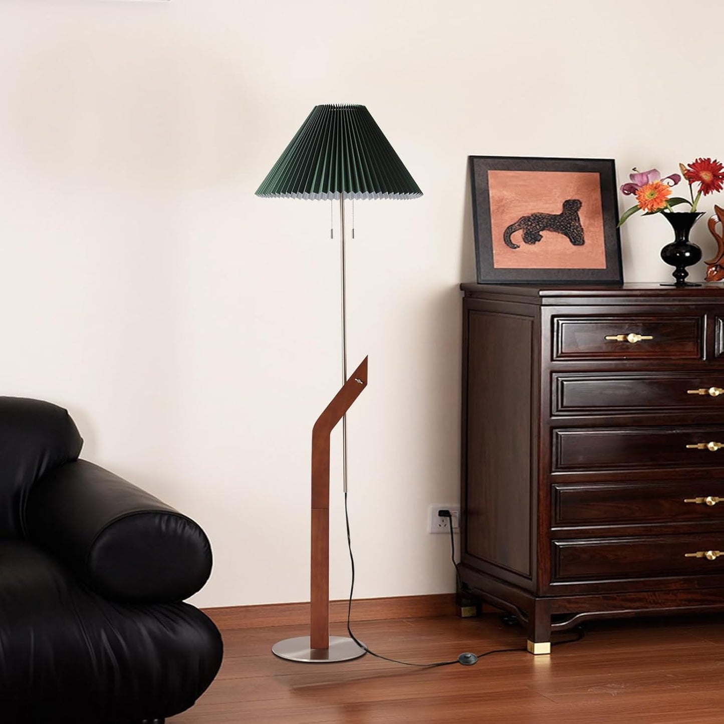 Floor Lamps for Living Room,Mid Century Modern Wood Large Floor Lamp,Height Adjustable Study Room,Bedroom,Office Tall Standing Floor Lamp,Green Pleated Lampshade