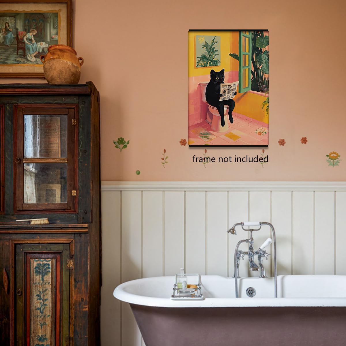 Funny Bathroom Wall Art Abstract Black Cat Sitting On Toilet Reading Newspaper Posters Cute Animal Cat Lovers Print Aesthetic Dopamine Painting For Toilet Restroom Decor 12x16in Unframed