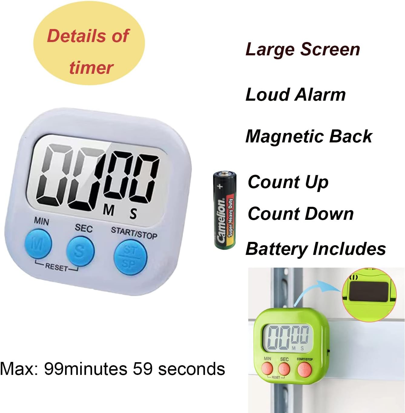 6 Pack Large Screen Digital Kitchen Timer, Magnetic Timer, Big Digits Loud Alarm, Count Up/Down, ON/Off Switch, Teachers, Classroom, Cooking, Baking