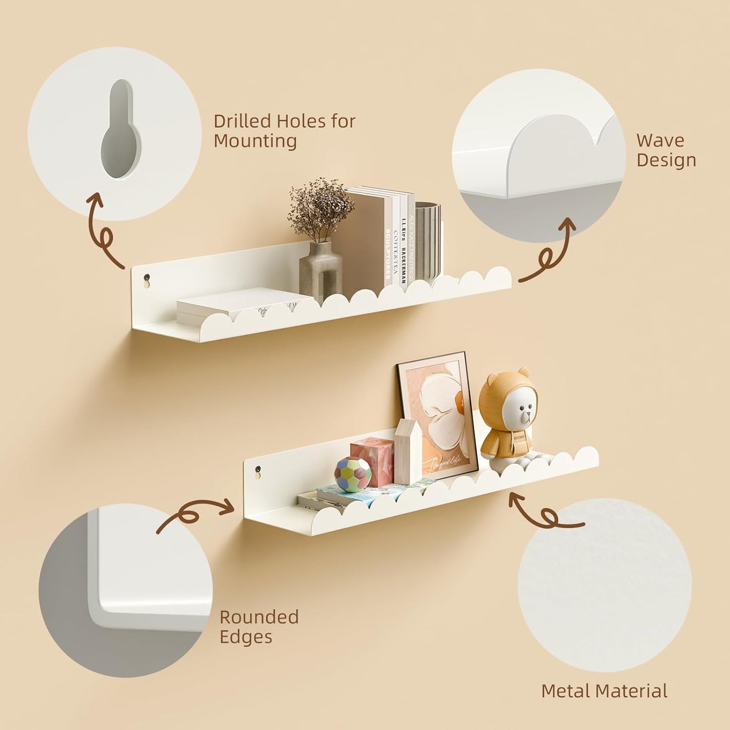 Nursery Book Shelves,Kids Bookshelf and Toy Storage,17 Inch Metal Floating Shelves Set of 4,Wall Shelves for Bedroom, Kids Room,Bathroom,Kitchen,Playroom Decor,Nursery Decor (White Metal, 17 inch)