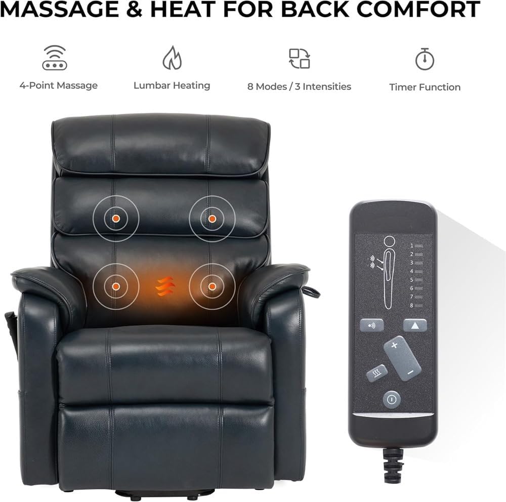 Power Lift Recliner Chair for Elderly Leather Electric Dual Motor Lay Flat Recliner with Massage and Heat Infinite Position Adjustable Dark Blue