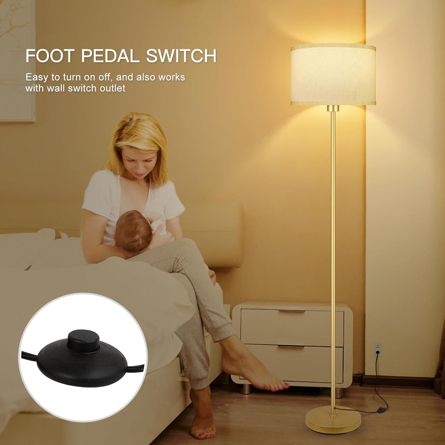 Gold Floor Lamp, Standing Lamp, 58" Tall Lamps for Living Room, Simple Pole Lamp with White Shade, On/Off Foot Pedal, Bright Corner Lamp for Kids Room Bedroom Office Decor(E26 Base, NO Bulb)