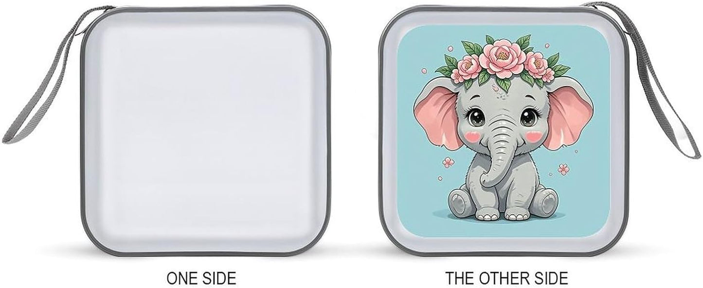Cute Flower Elephant CD Case Portable Zipper CD Case 40 Capacity Hard Plastic DVD Cases Holder Large Storage Disc Wallet Bag for Car Home Travel DVD Collection Bag