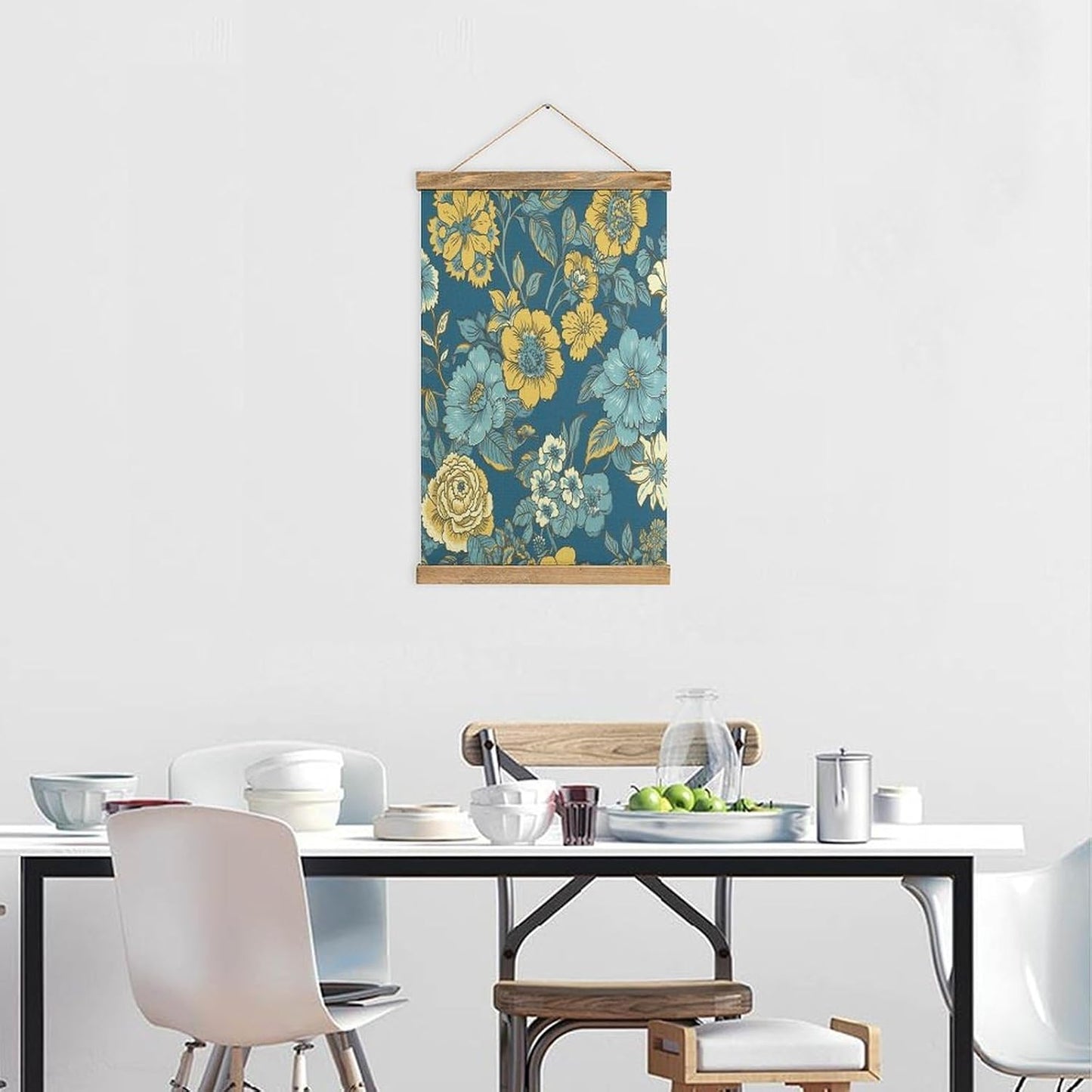 Vintage Blue And Yellow Flowers Poster with Wooden Frame Personalized Linen Hanging Scroll Painting Rustic Wall Hanging Illustrative Modern Artwork Decor for Home Living Room Bedroom Office
